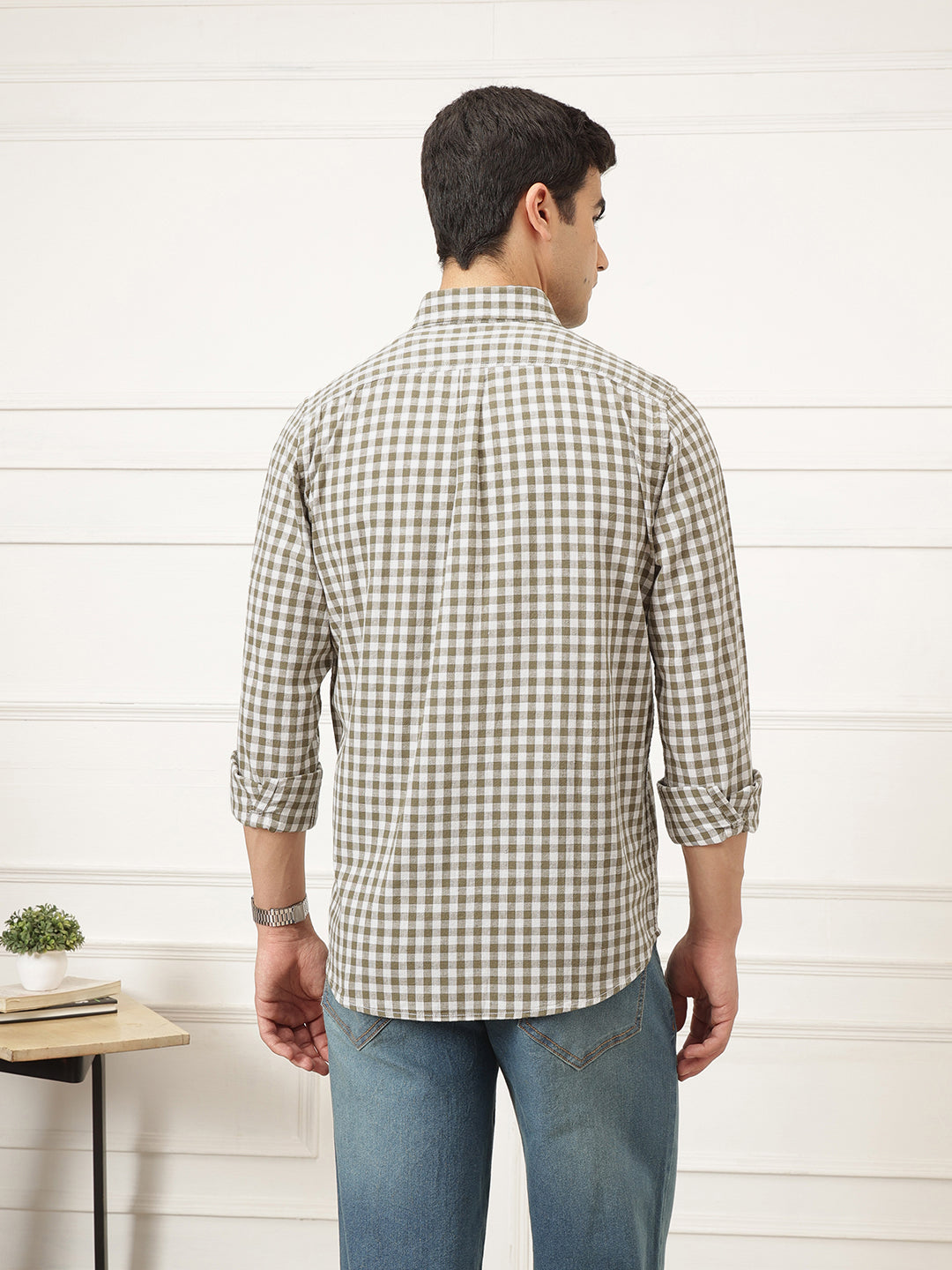 Brown Premium Regular Fit Gingham Checks Cotton Linen Shirt For Men