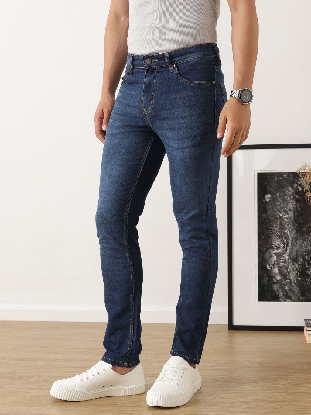 Thomas Scott Men Dark Blue Skinny Fit Medium Shade Clean Look Stretchable Jeans