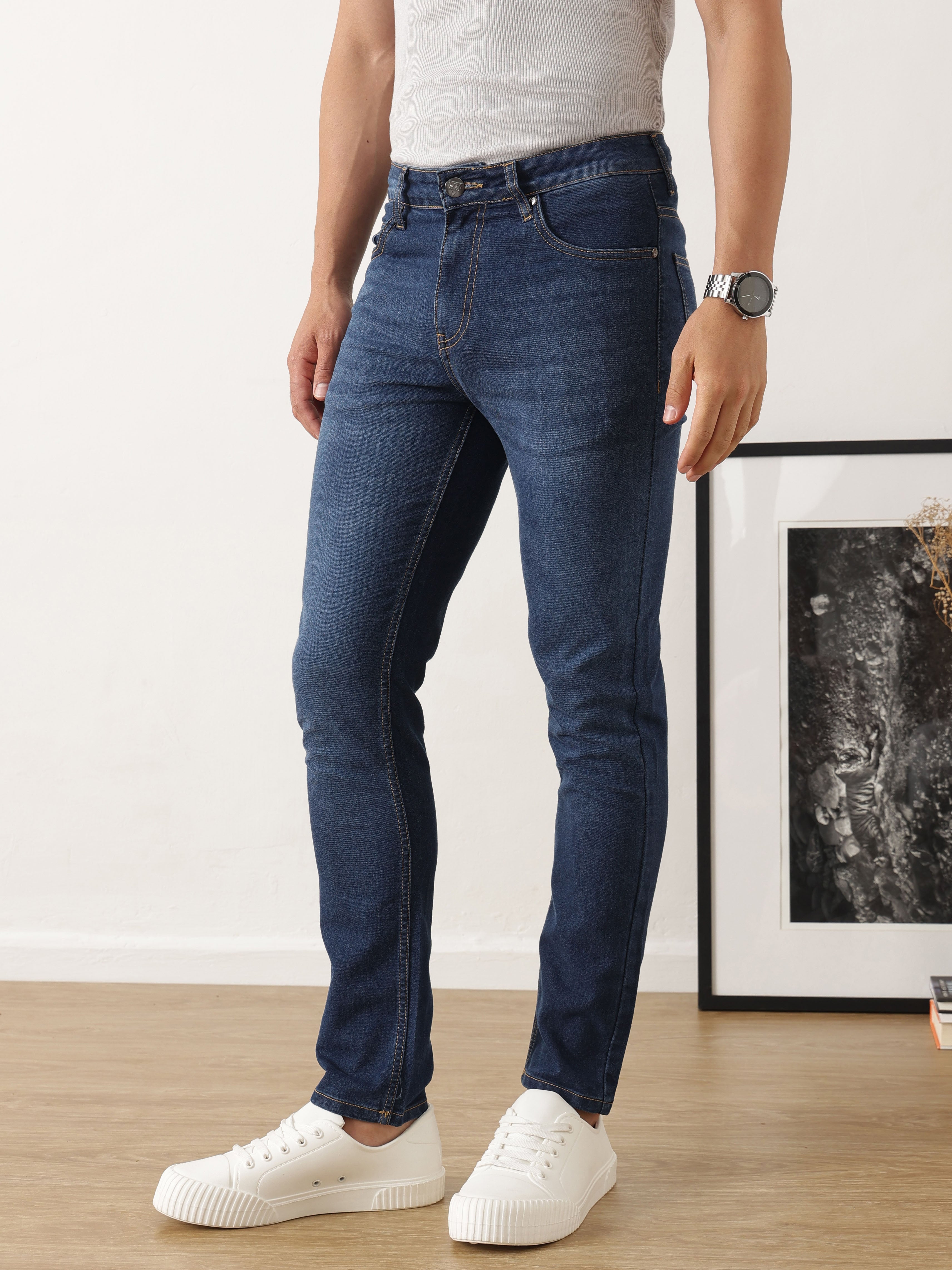 Thomas Scott Men Dark Blue Skinny Fit Medium Shade Clean Look Stretchable Jeans