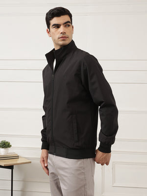 Black Regular Fit Solid Full Sleeves Stand Collar Zip-Front Casual Bomber Jacket For Men