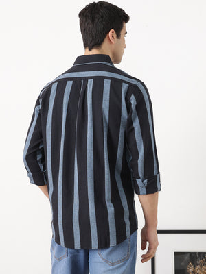 Black Regular Fit Long Sleeves Spread Collar Wide Striped Cotton Linen Casual Shirt For Men