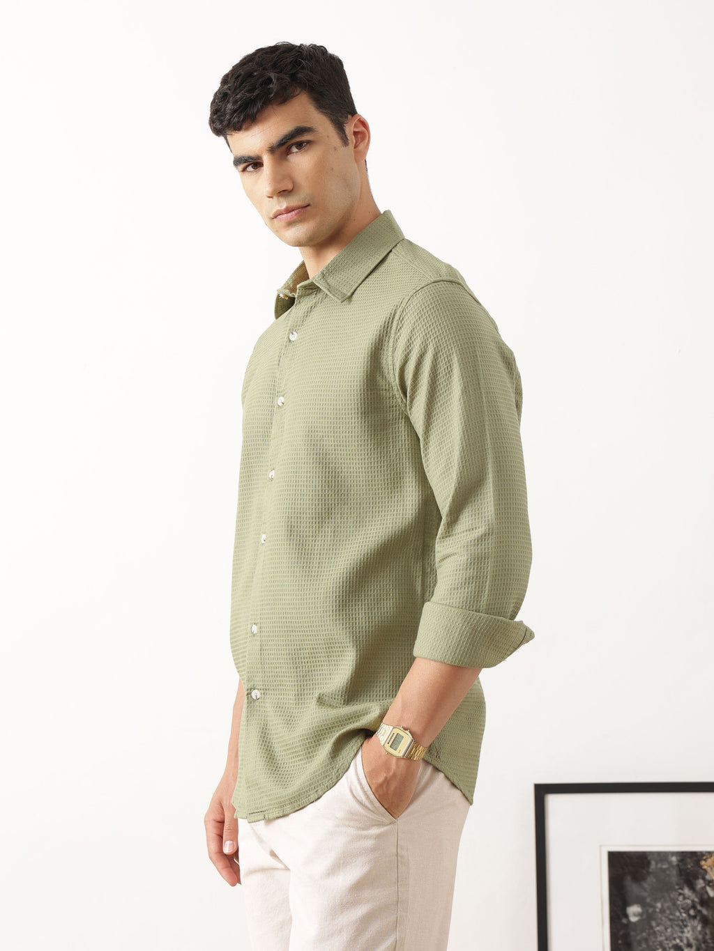 Thomas Scott Men Premium Olive Regular Fit Long Sleeves Spread Collar Textured Casual Shirt