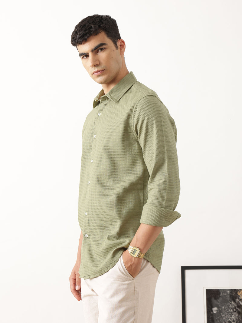Thomas Scott Men Premium Olive Regular Fit Long Sleeves Spread Collar Textured Casual Shirt