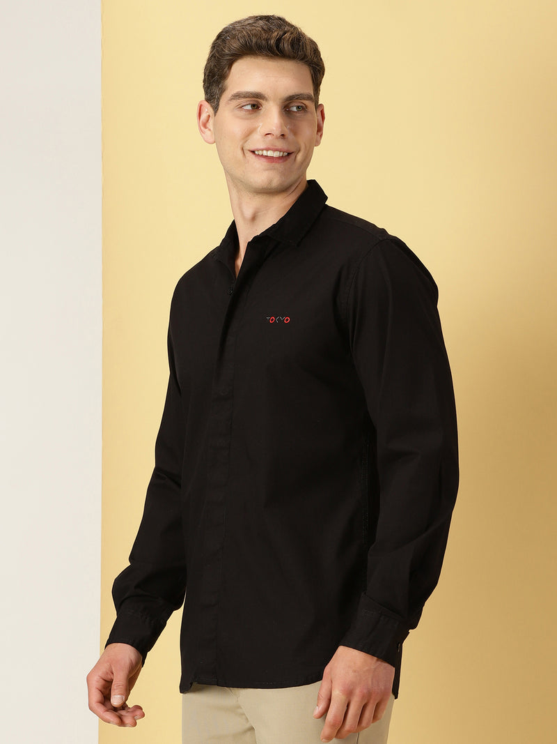 Thomas Scott Men Black Classic Regular Fit Long Sleeves Spread Collar Solid Casual Shirt