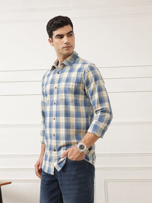 Blue Premium Slim Fit Graphic Checked Cotton Linen Casual Shirt For Men