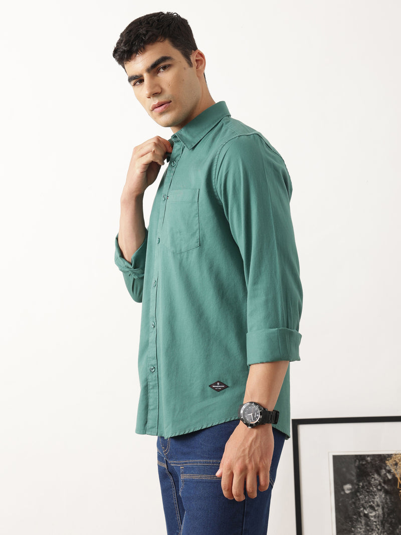 Thomas Scott Men Relaxed Olive Slim Fit Long Sleeves Spread Collar Solid Cotton Casual Shirt