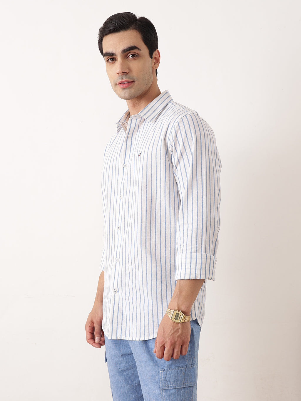 Thomas Scott Men Blue Premium Regular Fit Long Sleeves Spread Collar Vertical Stripes Cotton Linen Casual Shirts