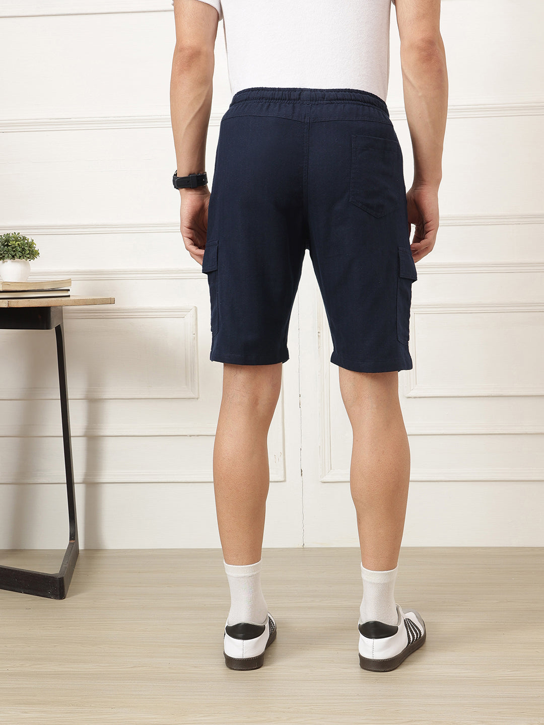 Navy Regular Fit Mid-Rise Textured Cotton Linen Cargo Shorts For Men