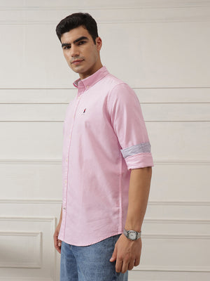Light Pink Premium Regular Fit Button-Down Collar Solid Pure Cotton Casual Shirt For Men