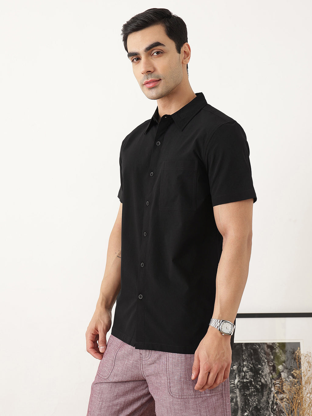 Thomas Scott Men Premium Black Slim Fit Short Sleeves Spread Collar Solid Casual Shirt
