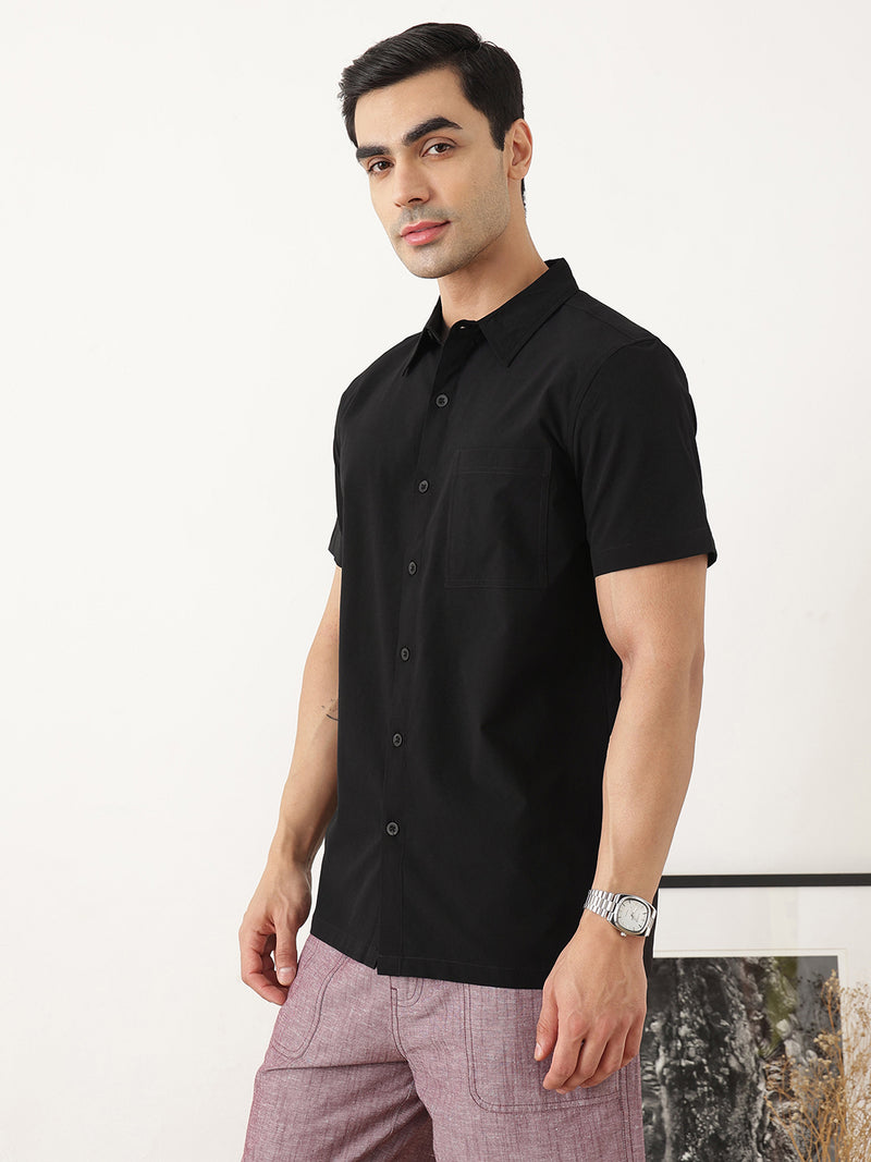 Thomas Scott Men Premium Black Slim Fit Short Sleeves Spread Collar Solid Casual Shirt