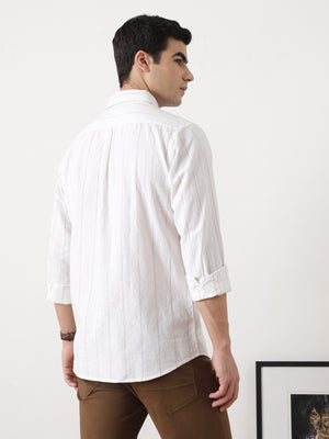 Natural Regular Fit Long Sleeves Spread Collar Vertical Stripes Cotton Linen Casual Shirt For Men