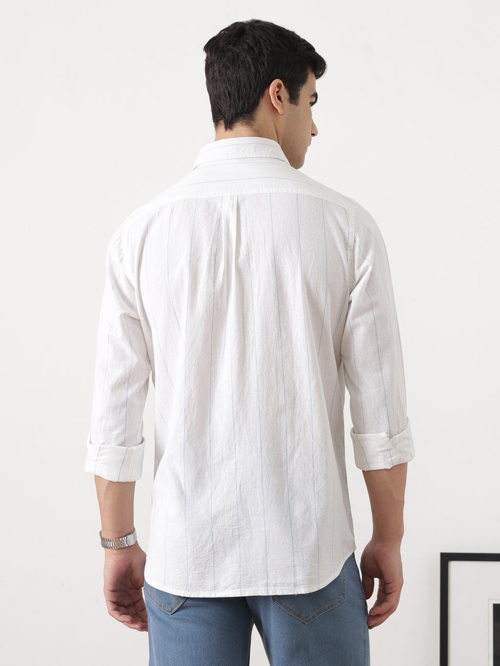 Light Blue Regular Fit Long Sleeves Spread Collar Vertical Stripes Cotton Linen Casual Shirt For Men