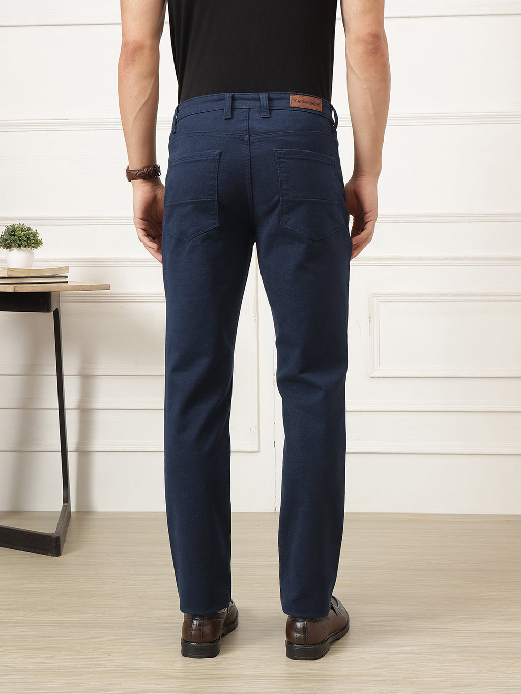 Navy Smart Straight Fit Mid-Rise Solid Woven Trouser For Men