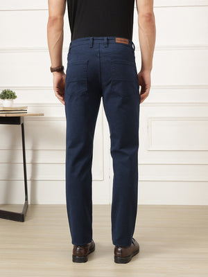 Navy Smart Straight Fit Mid-Rise Solid Woven Trouser For Men