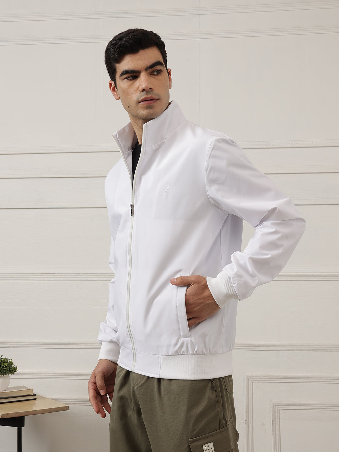 White Regular Fit Solid Full Sleeves Stand Collar Zip-Front Casual Bomber Jacket For Men