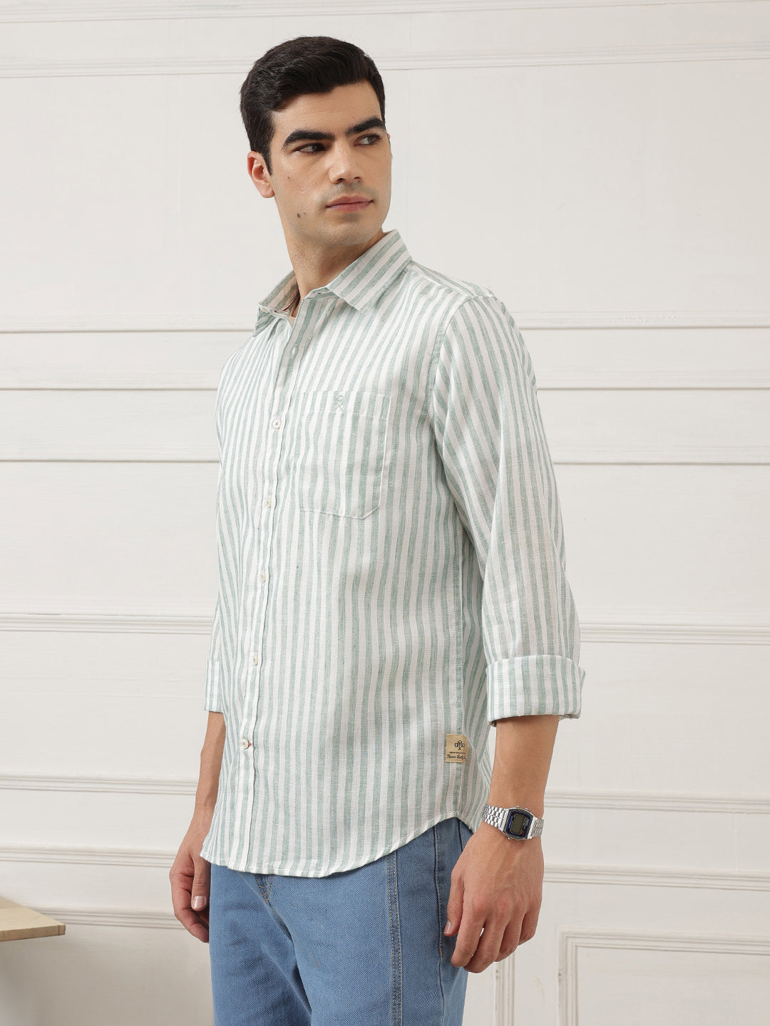 Green Premium Regular Fit Long Sleeves Vertical Striped Cotton Linen Casual Shirt For Men