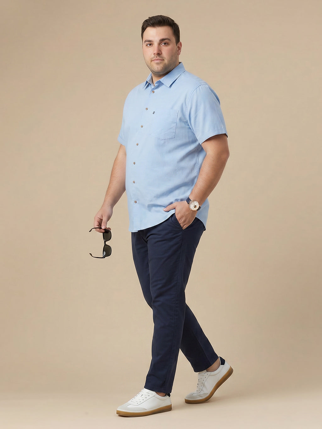 Thomas Scott Men Premium Blue Plus Size Regular Fit Short Sleeves Spread Collar Solid Twill Casual Shirt