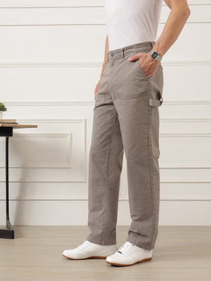 Grey Smart Easy Wash Regular Fit Mid-Rise Solid Woven Carpenter Trouser For Men