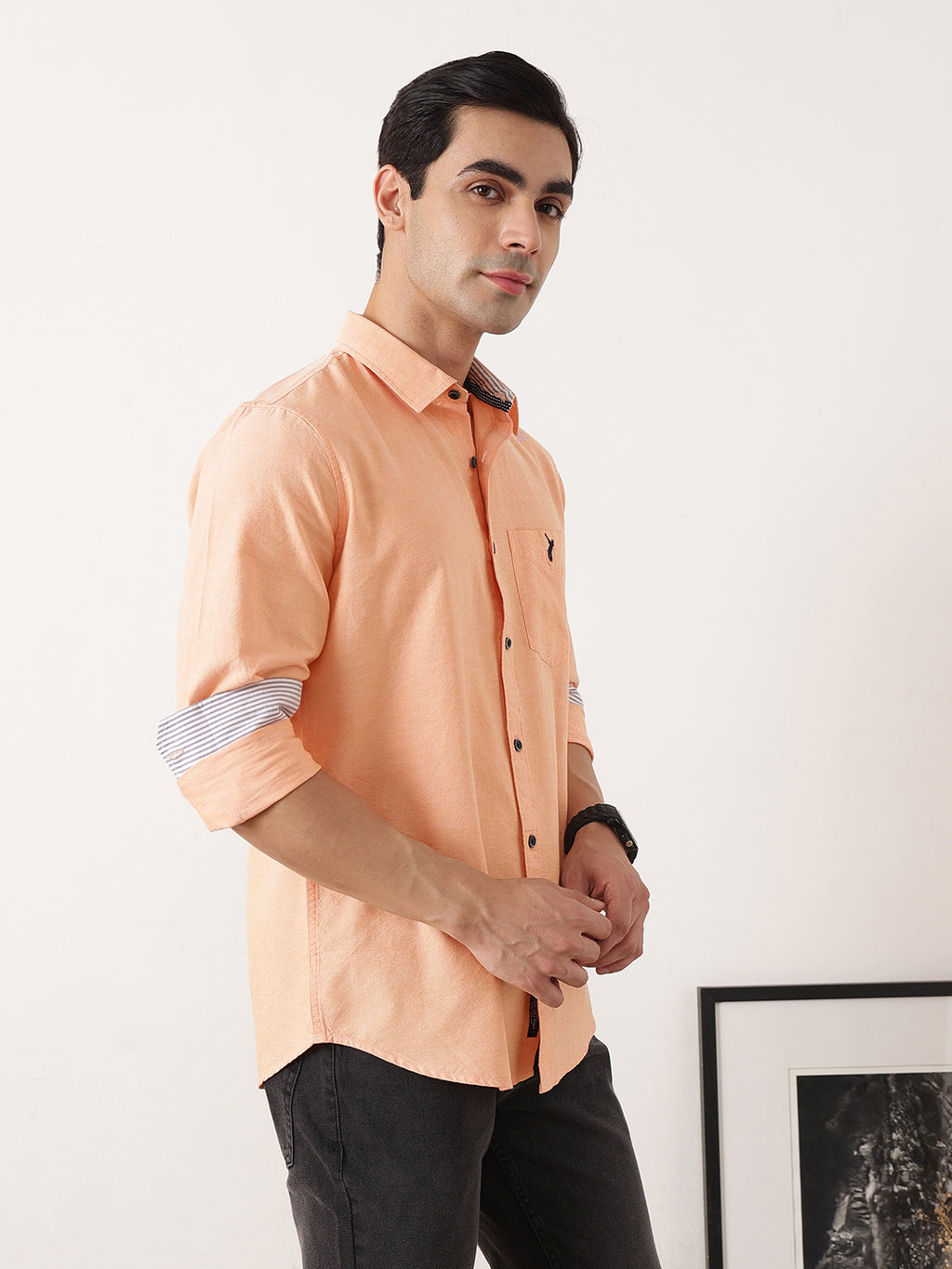 Thomas Scott Men Orange Premium Slim Fit Long Sleeves Spread Collar Solid Cotton Twill Casual Shirt