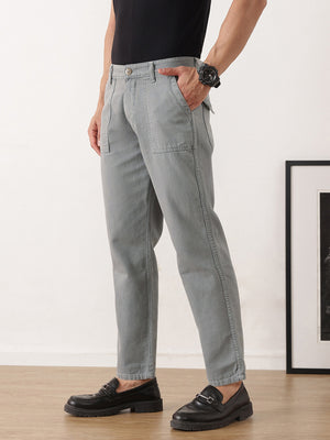 Grey Smart Straight Fit Mid-Rise Solid Flat-Front Woven Trouser For Men