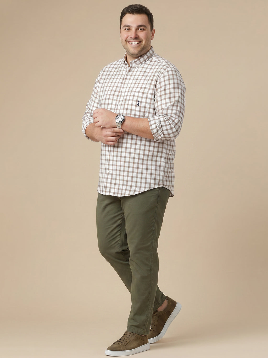 Thomas Scott Men Premium Brown Plus Size Regular Fit Long Sleeves Button Down Collar Gingham Checks Cotton Linen Casual Shirt