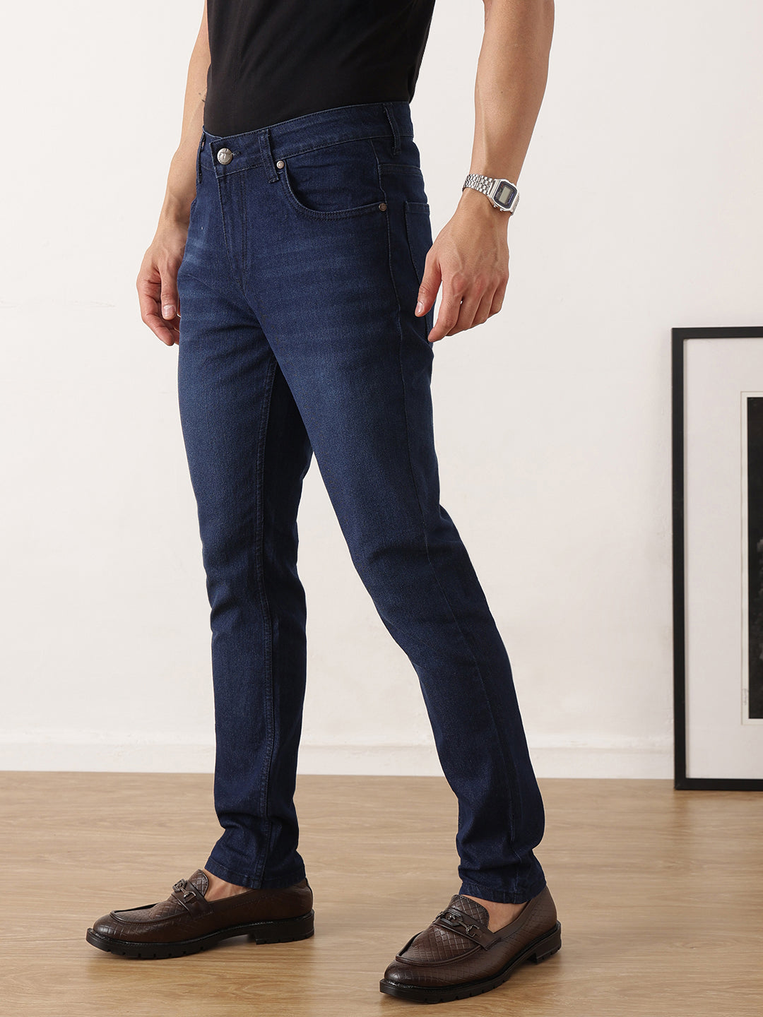 Thomas Scott Men Dark Blue Smart Slim Fit Mid-Rise Light Fade Clean Look Stretchable Jeans