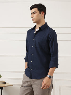Navy Blue Premium Regular Fit Long Sleeves Spread Collar Textured Cotton Casual Shirt For Men
