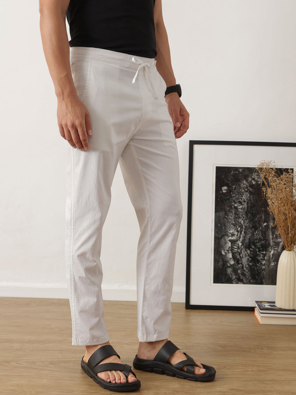 Thomas Scott Men Smart White Optical Regular Fit Mid-Rise Solid Woven Cotton Linen Trouser
