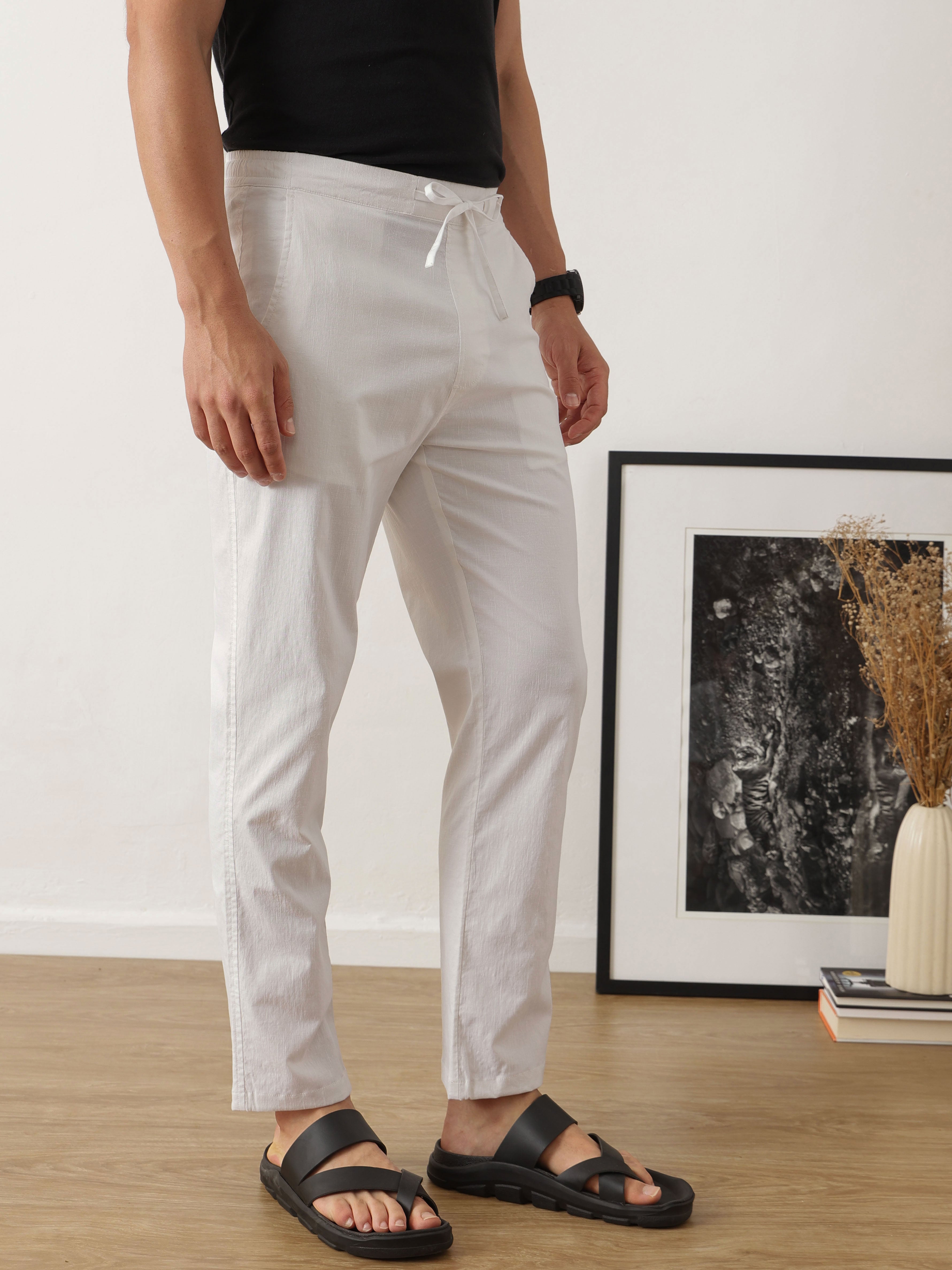 Thomas Scott Men Smart White Optical Regular Fit Mid-Rise Solid Woven Cotton Linen Trouser
