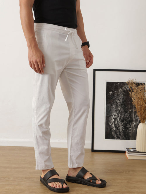 Thomas Scott Men Smart White Optical Regular Fit Mid-Rise Solid Woven Cotton Linen Trouser