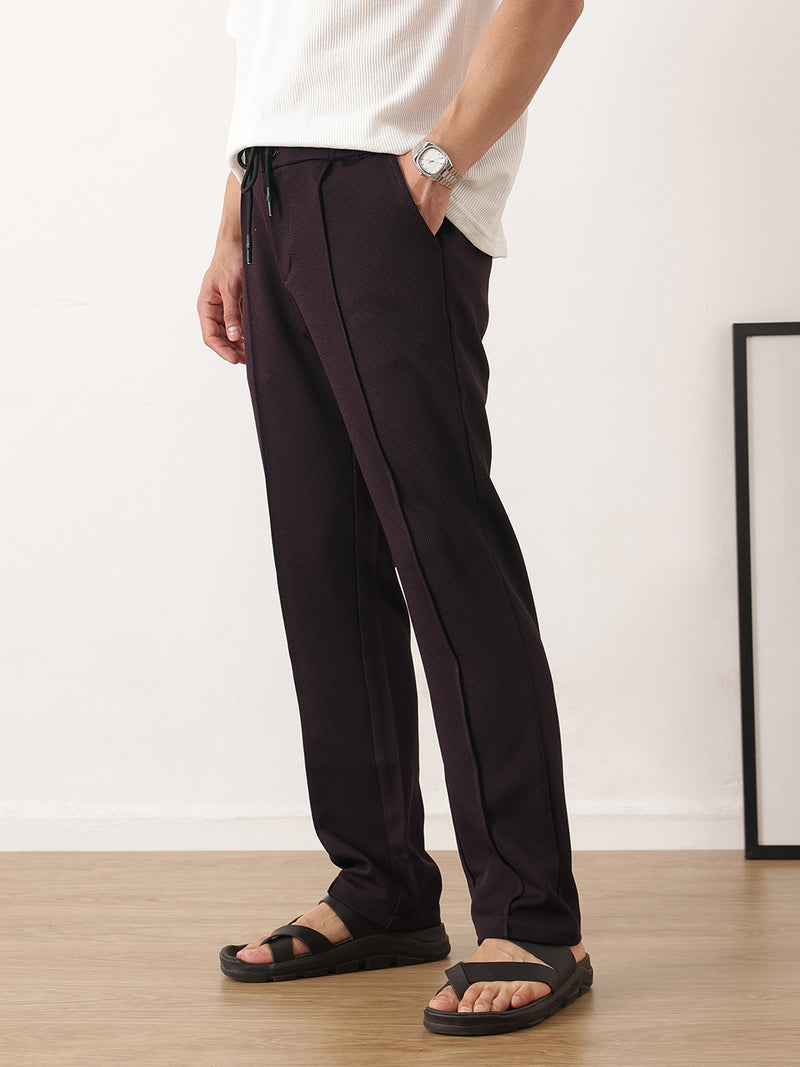 Thomas Scott Men Wine Smart Regular Fit Mid-Rise Textured Pleated Knitted Casual Trousers with Drawstring Closure