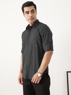 Thomas Scott Men Premium Dark Grey Slim Fit Long Roll-Up Sleeves Spread Collar Solid Cotton Casual Shirts