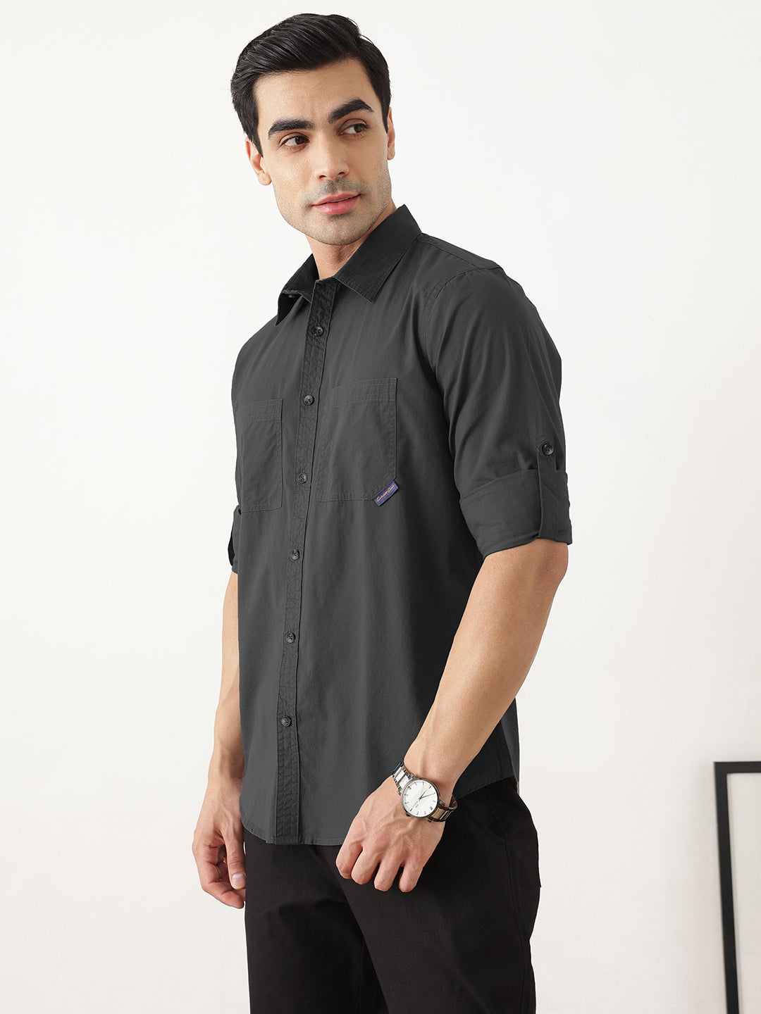 Thomas Scott Men Premium Dark Grey Slim Fit Long Roll-Up Sleeves Spread Collar Solid Cotton Casual Shirts