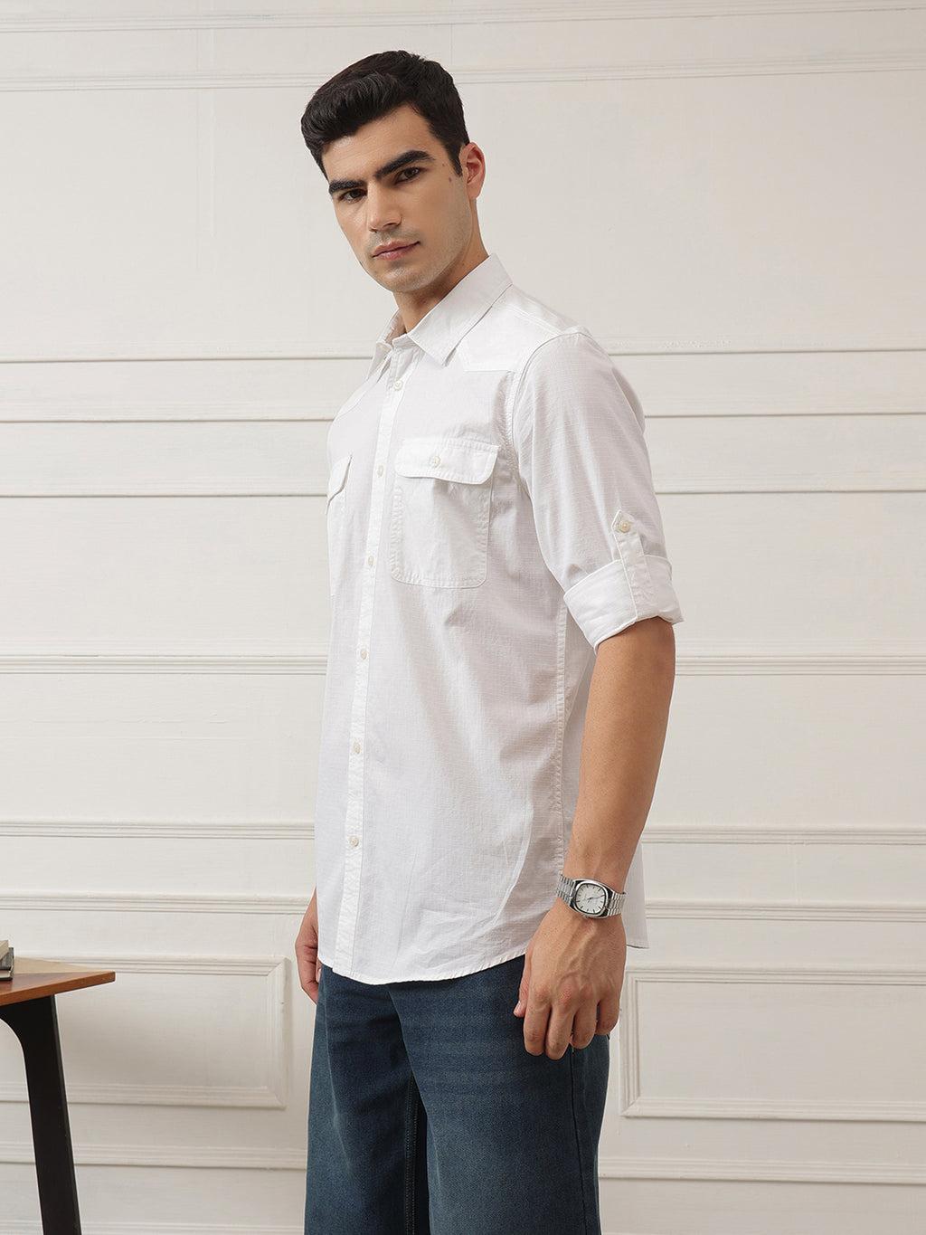 White Optical Roll-Up Sleeve Regular Fit Spread Collar Textured Cotton Casual Shirt For Men