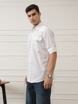 White Optical Roll-Up Sleeve Regular Fit Spread Collar Textured Cotton Casual Shirt For Men