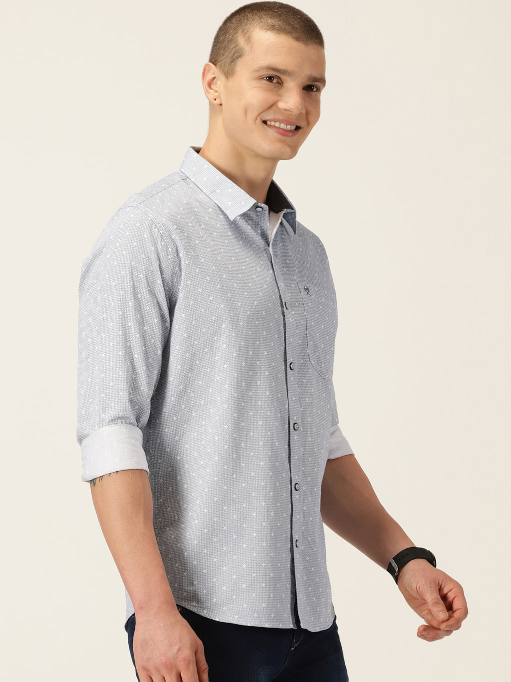 Thomas Scott Men Blue Smart Slim Fit Long Sleeves Spread Collar Micro Ditsy Printed Cotton Casual Shirt
