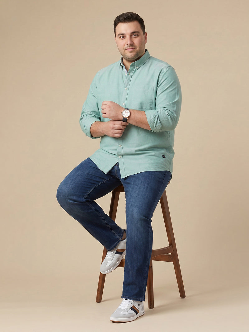 Thomas Scott Men Premium Green Plus Size Regular Fit Long Sleeves Button-Down Collar Solid Cotton Casual Shirt