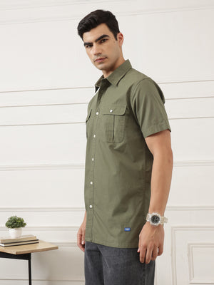 Olive Premium Regular Fit Short Sleeves Spread Collar Textured Casual Shirt For Men