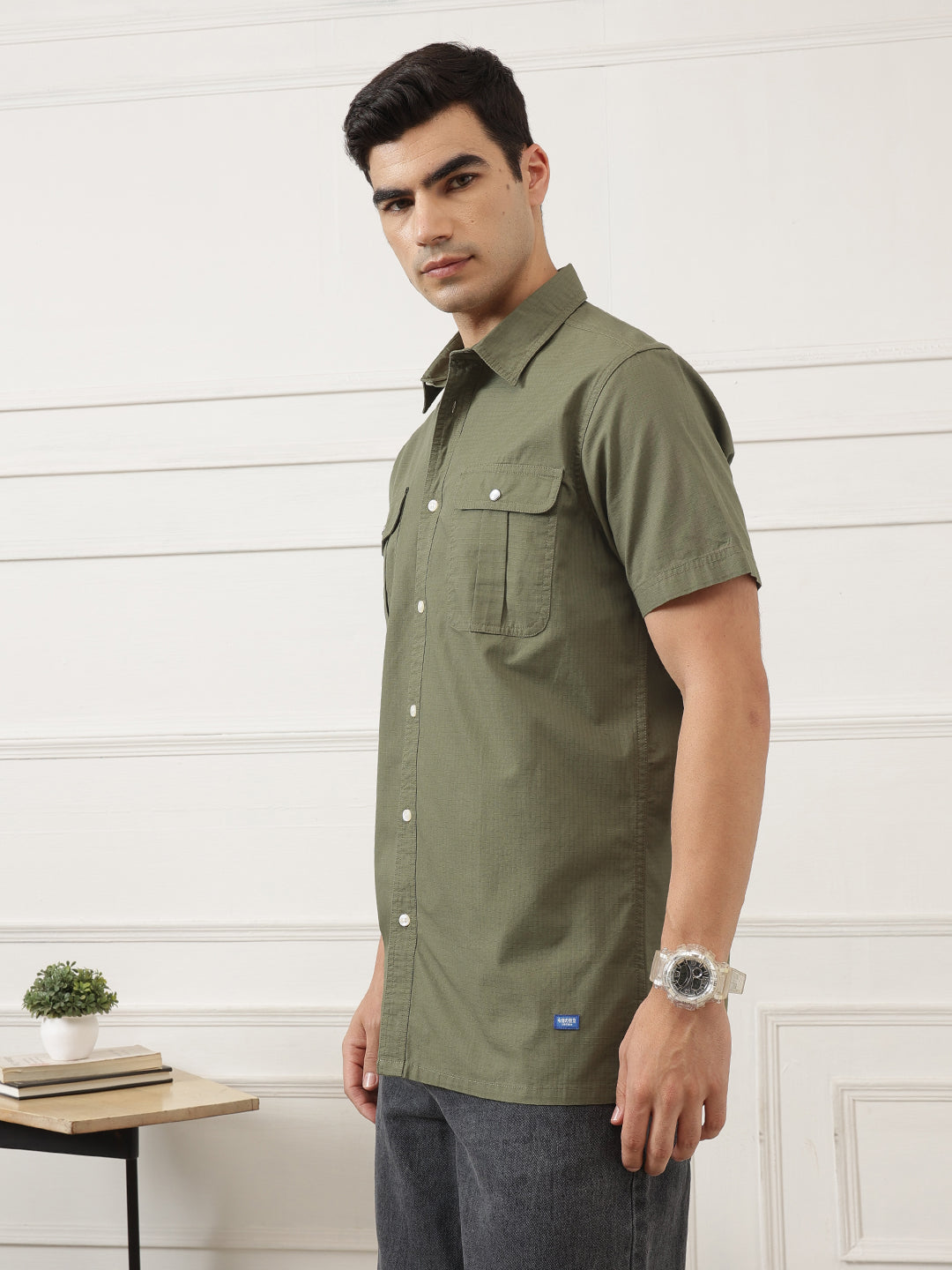 Olive Premium Regular Fit Short Sleeves Spread Collar Textured Casual Shirt For Men