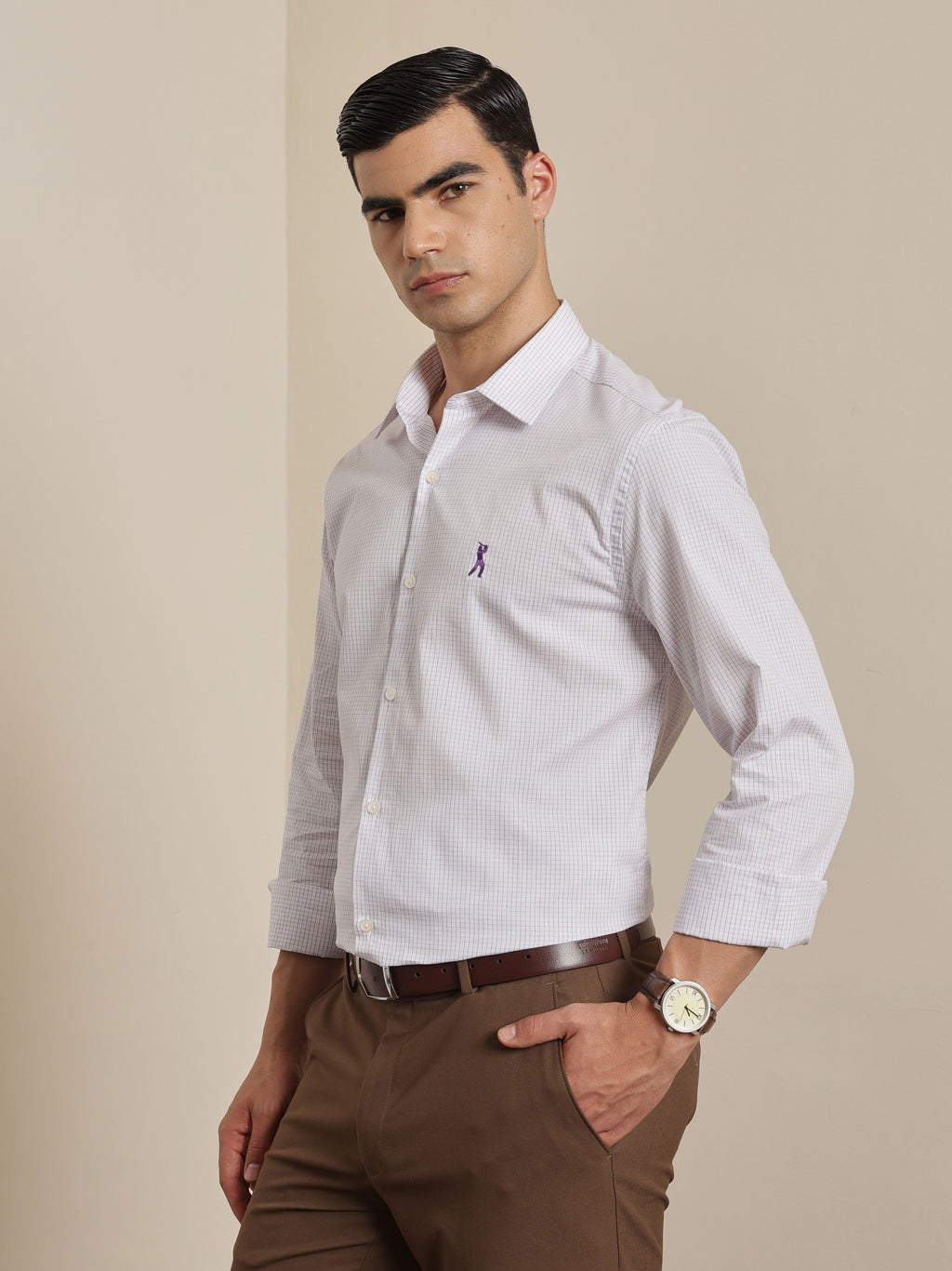 Thomas Scott Men Premium Purple Regular Fit Long Sleeves Spread Collar Micro Checks Cotton Formal Shirt