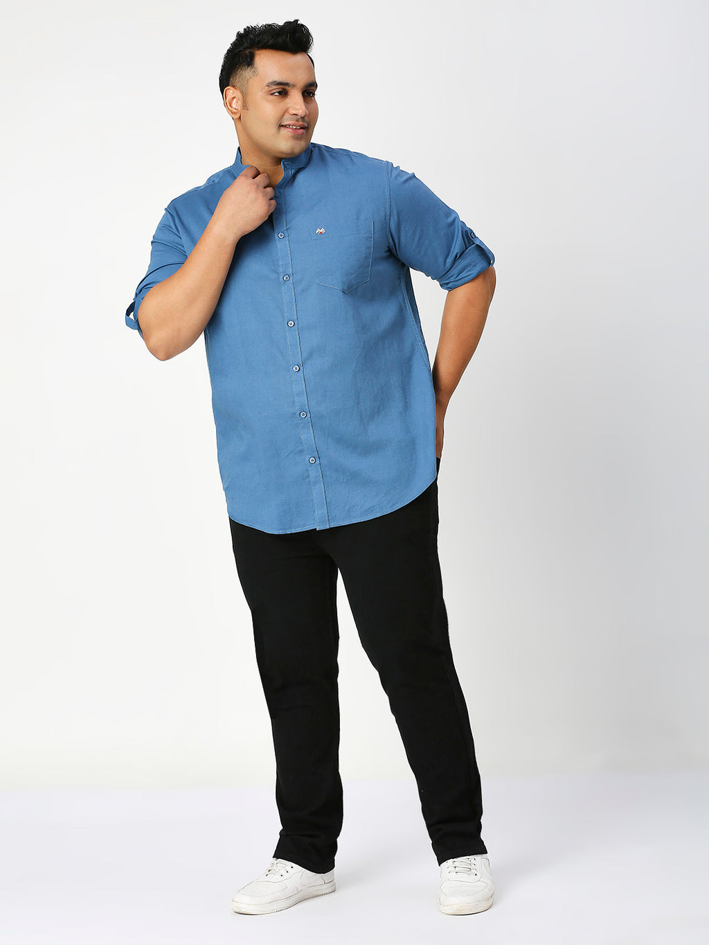 Thomas Scott Men Teal Premium Plus Size Regular Fit Long Sleeves Band Collar Solid Cotton Linen Casual Shirt
