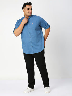 Thomas Scott Men Teal Premium Plus Size Regular Fit Long Sleeves Band Collar Solid Cotton Linen Casual Shirt