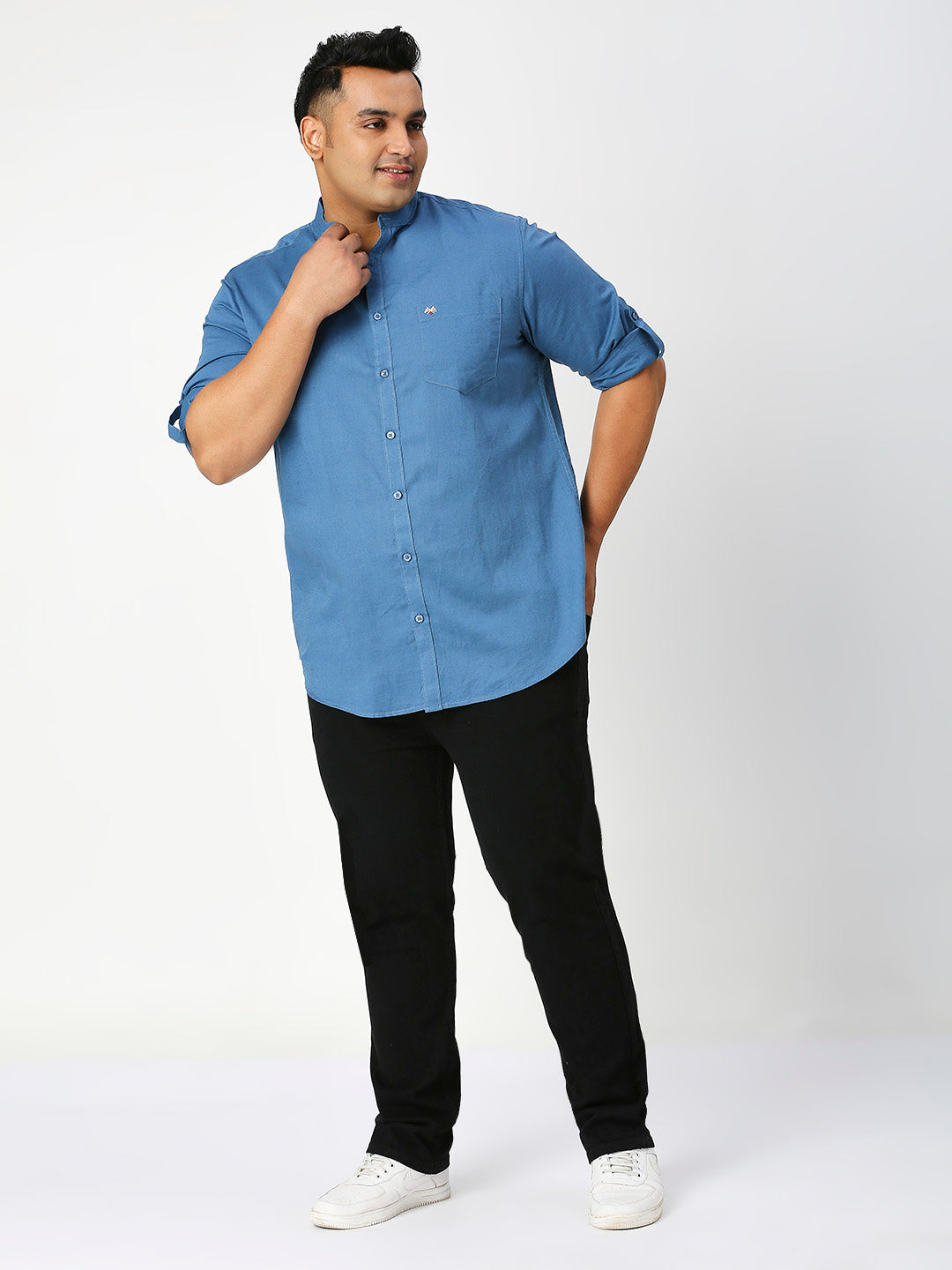 Thomas Scott Men Teal Premium Plus Size Regular Fit Long Sleeves Band Collar Solid Cotton Linen Casual Shirt