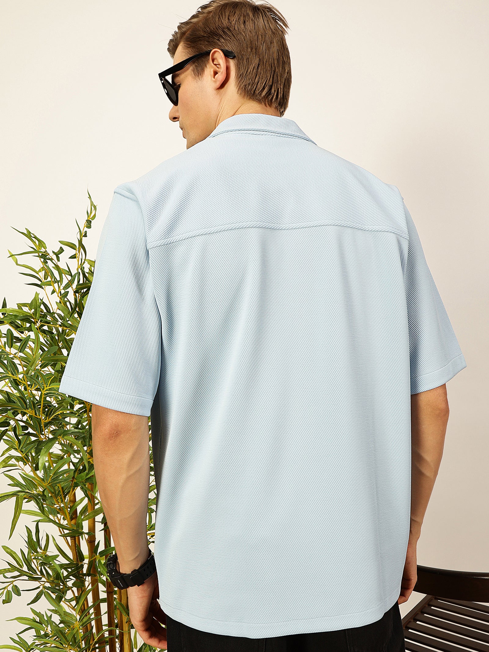 Thomas Scott Men Sky Blue Premium Short Sleeves Regular Fit Cuban Collar Textured Cotton Twill Shirt