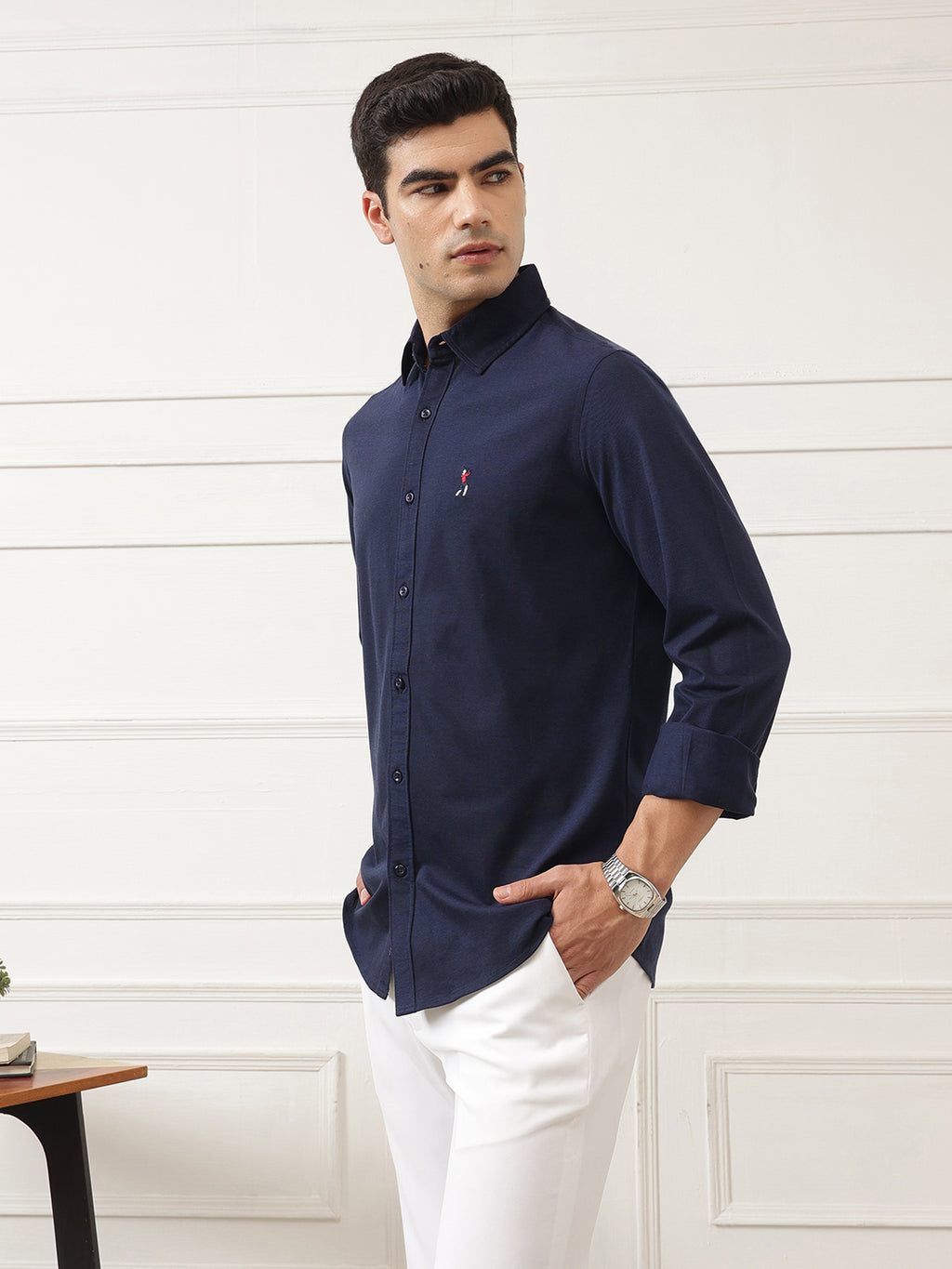Navy Premium Regular Fit Spread Collar Full Sleeve Solid Cotton Casual Shirt For Men