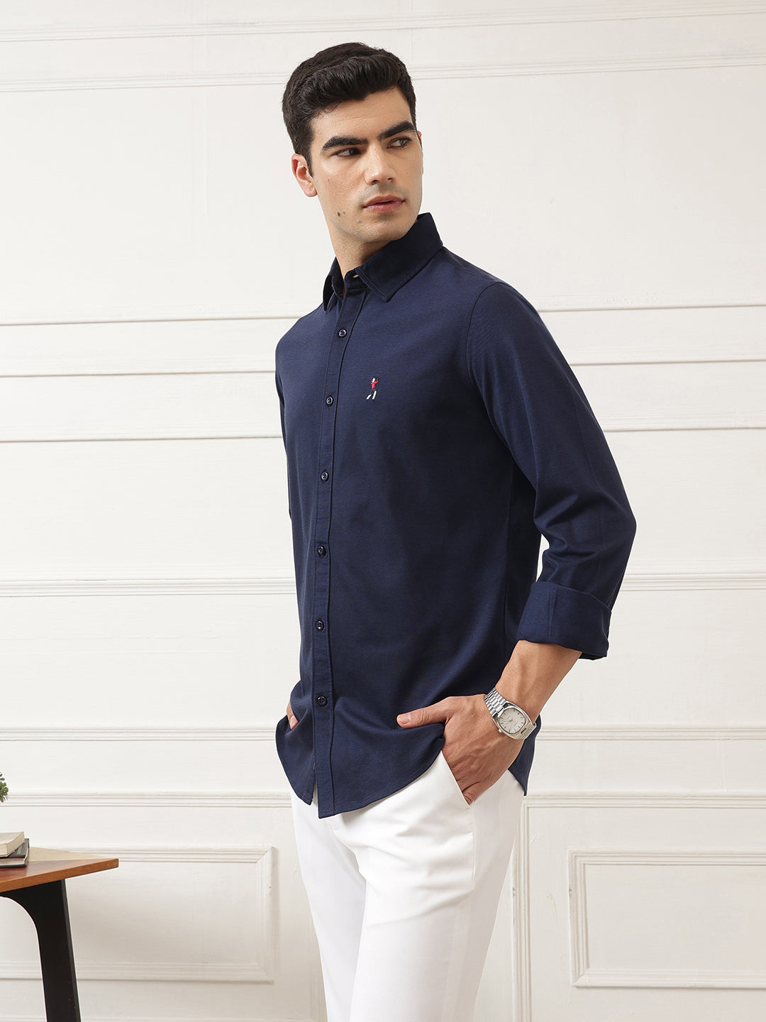 Navy Premium Regular Fit Spread Collar Full Sleeve Solid Cotton Casual Shirt For Men