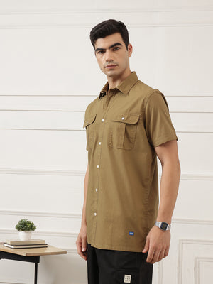 Khaki Premium Regular Fit Short Sleeves Spread Collar Textured Casual Shirt For Men