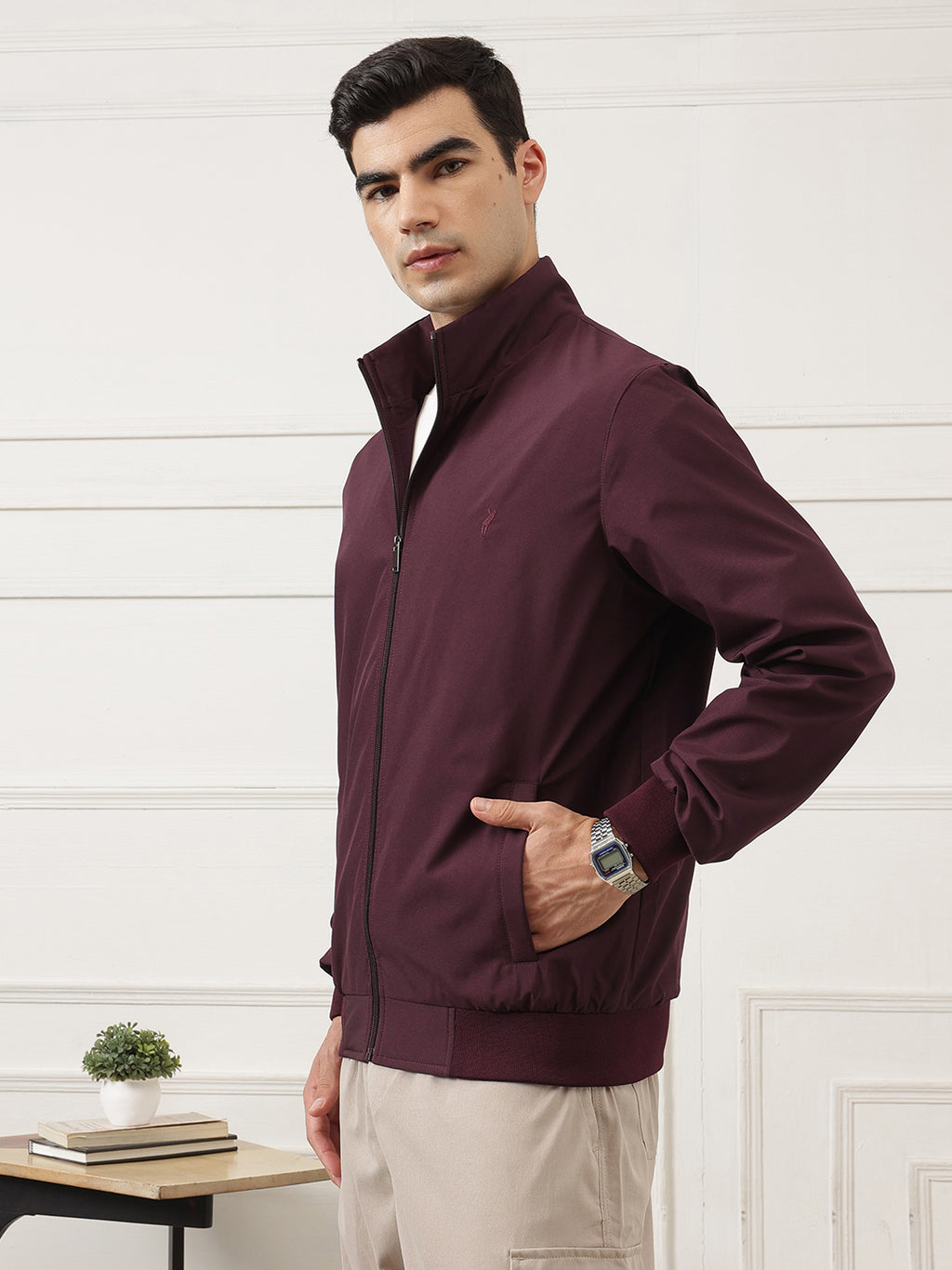 Burgundy Regular Fit Solid Full Sleeves Stand Collar Zip-Front Casual Bomber Jacket For Men