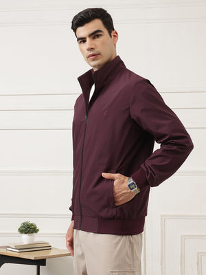 Burgundy Regular Fit Solid Full Sleeves Stand Collar Zip-Front Casual Bomber Jacket For Men